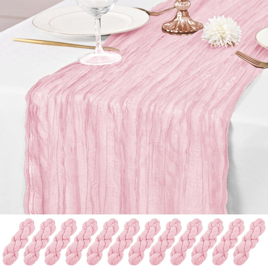 12 Pack Pink Table Runner 10Ft Cheesecloth Table Runner Rustic Gauze Table Runners Romantic Long Sheer Fabric Cheese Cloth Table Runners for Wedding Party Bridal Baby Shower(Light Pink)
