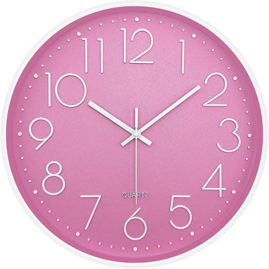 Modern Wall Clock for Living Room Decor, 14 Inch Large Wall Clock Silent Battery Operated, Classic Pink Round Analog Clock for Bedroom, Kitchen, Office, Bathroom, Outdoor Patio, Pool