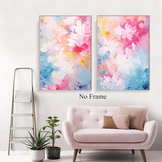 Pink Blue Abstract Painting Colorful Flower Canvas Wall Art Bright Color Pictures Pastel Pink Posters Colorful Abstract Art Prints Pink Blue and White Wall Art Multicolor Artwork 16x24inx2 No Frame