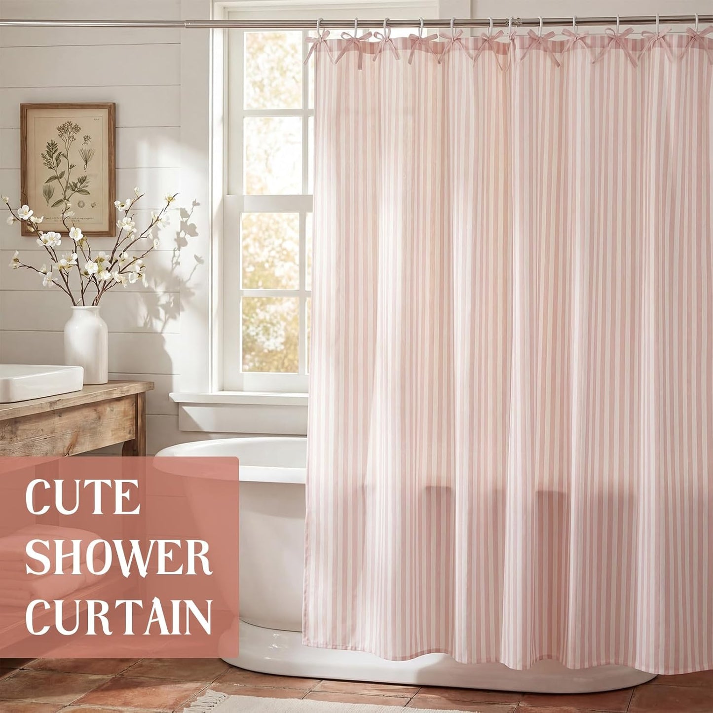 Gilprop Pink Striped Shower Curtain Set for Bathroom Boho Decor Fabric Shower Curtain with Bow Tie and Hooks, 71" x 71"