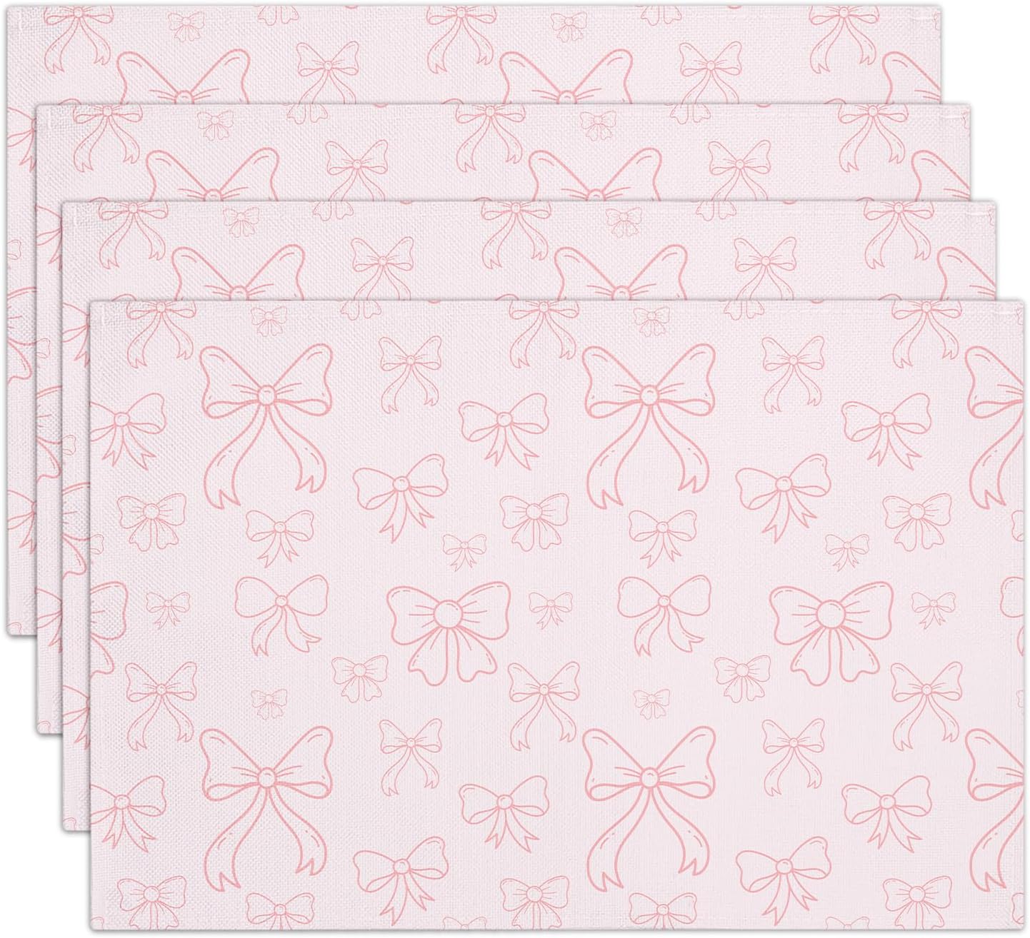 Pink Bow Cotton Linen Placemats Set of 4, 12x18 Table Mat for Family Dinners Wedding Parties Restaurant Kitchen Decoration, Waterproof Washable Heat Resistant Place Mats -a10
