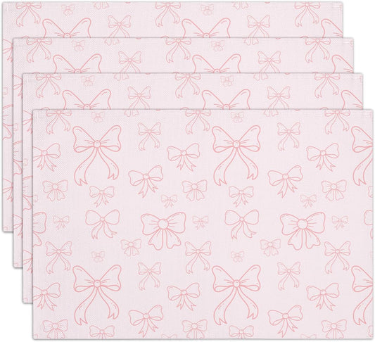 Pink Bow Cotton Linen Placemats Set of 4, 12x18 Table Mat for Family Dinners Wedding Parties Restaurant Kitchen Decoration, Waterproof Washable Heat Resistant Place Mats -a10