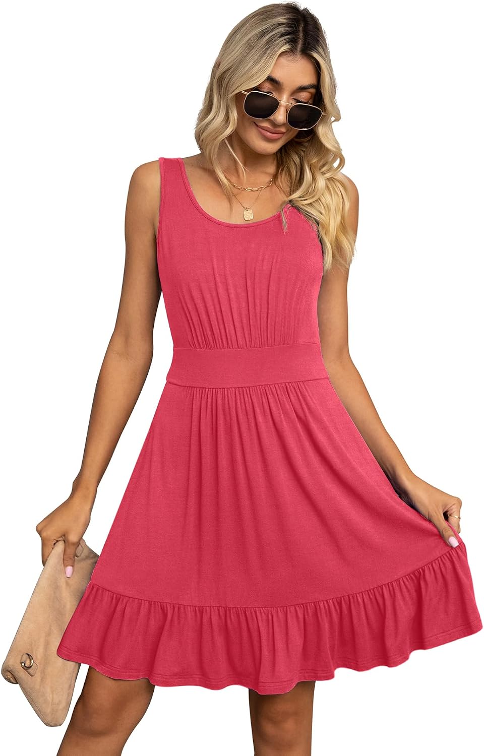 LILBETTER Women's Summer Casual U Neck Sundresses Pleated Knee Length Sleeveless Tank Dress