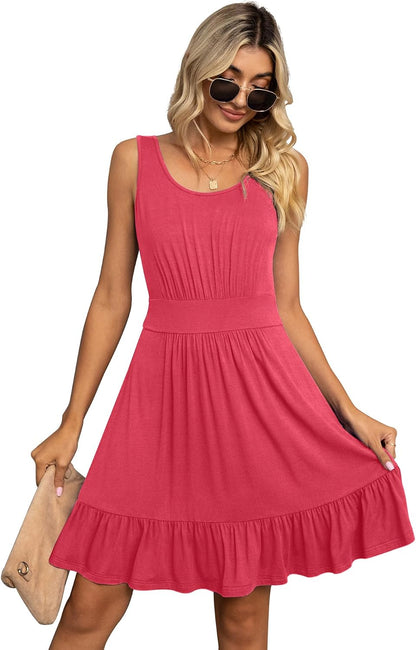 LILBETTER Women's Summer Casual U Neck Sundresses Pleated Knee Length Sleeveless Tank Dress