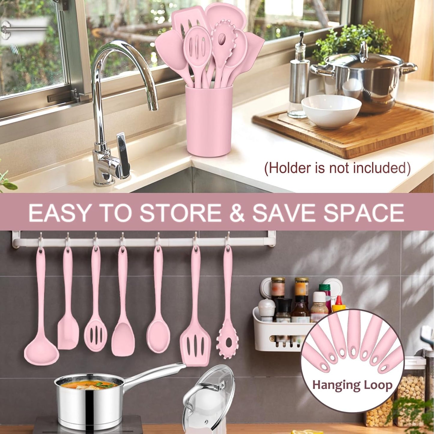 P&P CHEF Silicone Cooking Utensils Set of 7, Heat-proof Kitchen Utensils Set for Nonstick Cookware, Non-stick Spatula, Slotted Turner, Soup Ladle, Pasta Server, Spoon for Cooking Serving - Pink