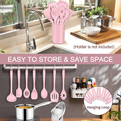 P&P CHEF Silicone Cooking Utensils Set of 7, Heat-proof Kitchen Utensils Set for Nonstick Cookware, Non-stick Spatula, Slotted Turner, Soup Ladle, Pasta Server, Spoon for Cooking Serving - Pink