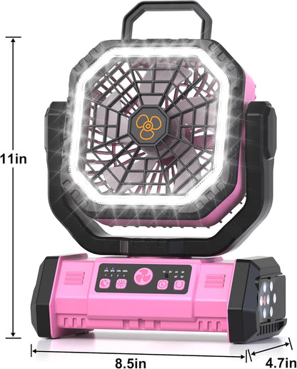 Honesorn Portable Fan Rechargeable 20000mAh, Camping Fan with LED Light & Remote, USB C Cordless Battery Powered, 4 Speeds Timer Hanging Hook for Travel Tent Outdoor Essentials - Pink