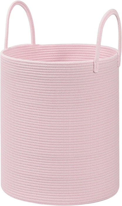 Cotton Rope Storage Basket with Handles, Large 60L Collapsible Laundry Hamper for Clothes, Sturdy Nursery Organizer Blanket Basket for Living Room,Toy Bin for Kids Bed Room,15"x15"x18",Pink