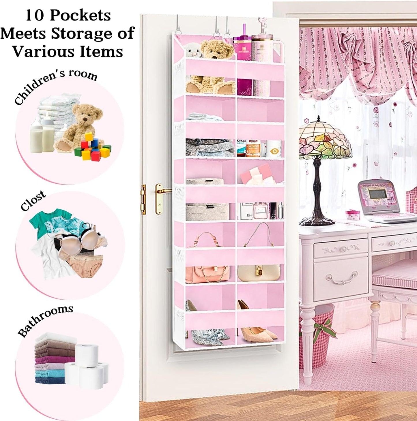 Ofiray-home Pink Over The Door Organizer 5 Tiers, Extra Large Behind Door Storage of 10 Compartments, 50 lbs Weight Capacity Over The Door Storage for Closet, Diaper Organizer
