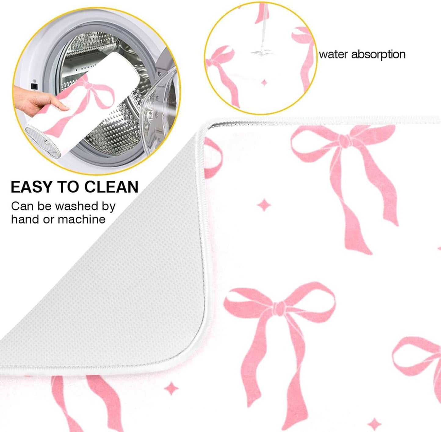 Pink Bow Bowknot Dish Drying Mat for Kitchen Countertop 16x18 Rectangle Small Drying Mat Reusable Quick Dry Dish Sink Absorbent Mats Dishwasher Easy Clean Decorative Home Decor Essentials