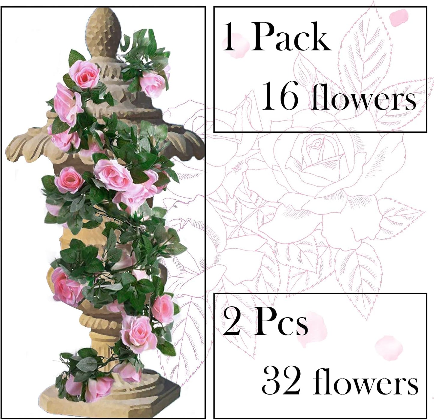 2 Pack Artificial Rose Vine Garland Fake Roses Flowers Plants Vines Hanging Floral Leaves Decoration for Wedding Party Table Garden Arch Wall Home Room Decor(Pink)