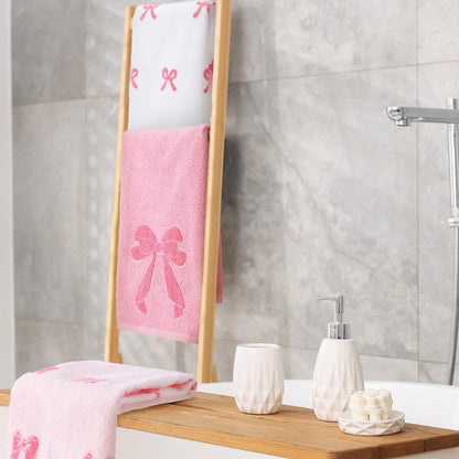 SmoothNovelty 3 Pcs Pink Bow Hand Towels Coquette Kitchen Towels 14 x 29 Inch 100% Cotton Absorbent Preppy Pink Bow Decor for Bathroom Soft Dish Cloth for Women Gifts