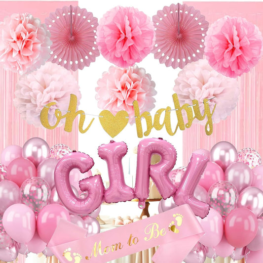 Baby Girl Shower Decorations - Dusty Pink Baby Shower Decorations - Welcome Baby Girl Decoration with Pink Balloons, Paper Pom Poms,Mom to be Sash for Girls Baby Shower Decor Gender Reveal Party