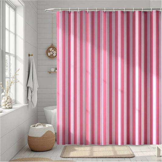 Striped Shower Curtain 72x72 inch, Waterproof Polyester Fabric Bathroom Shower Curtain Set with Hooks, Modern Minimalist Stripe Design for Bathroom Decor (Pink)