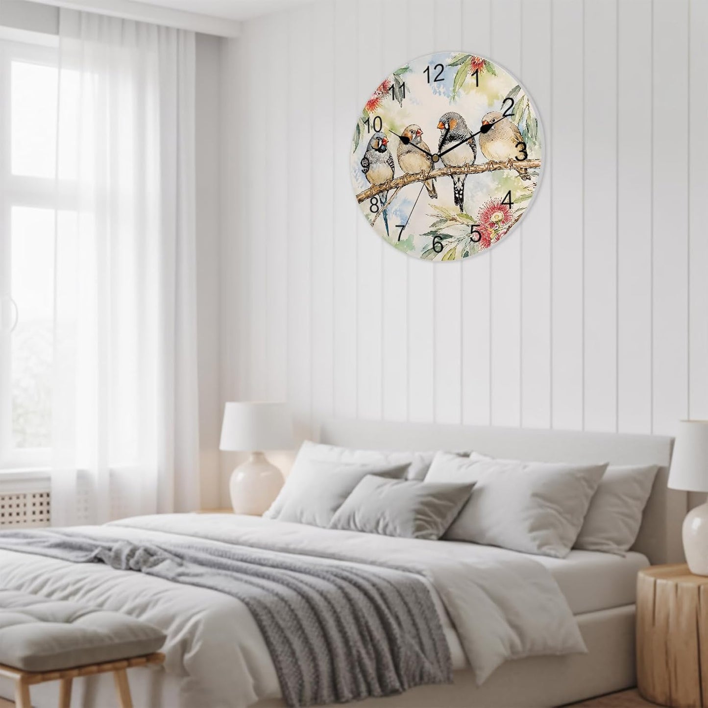 Silent PVC Wall Clock 14x14 Inches Round Wall Clock, Animal Bird Hanging Clock for Kitchen Non Ticking Battery Operated Living Room Mute Clock, Farmhouse Floral Flower Sage Green Coral Pink