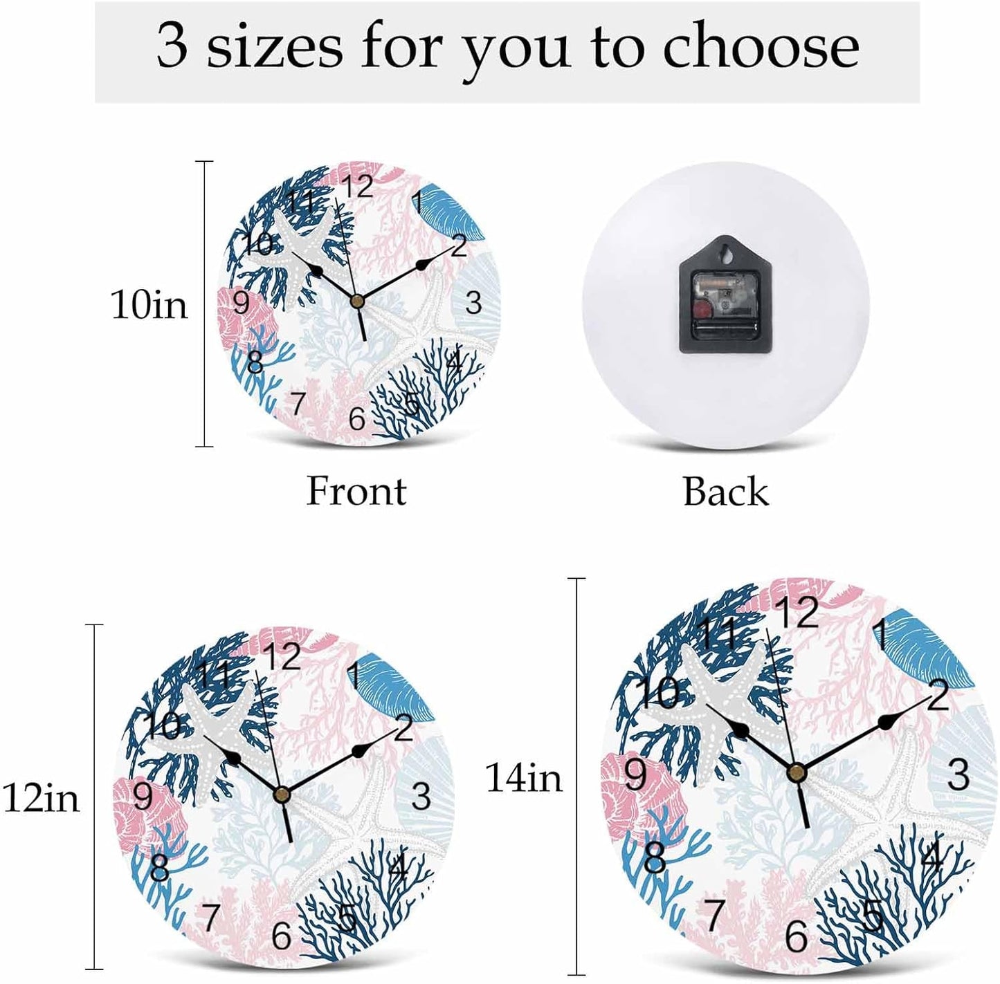 LooPoP Wall Clock Ocean Coral Starfish Clocks PVC Silent Non-Ticking Battery Operated Blue Pink Coastal Shell Conch Round Clock for Home Living Room Kitchen Bedroom Office School Wall Decor 12 Inch