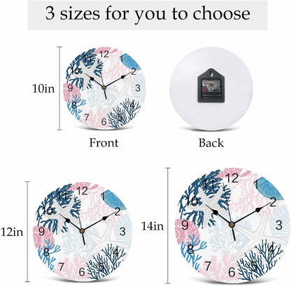 LooPoP Wall Clock Ocean Coral Starfish Clocks PVC Silent Non-Ticking Battery Operated Blue Pink Coastal Shell Conch Round Clock for Home Living Room Kitchen Bedroom Office School Wall Decor 12 Inch