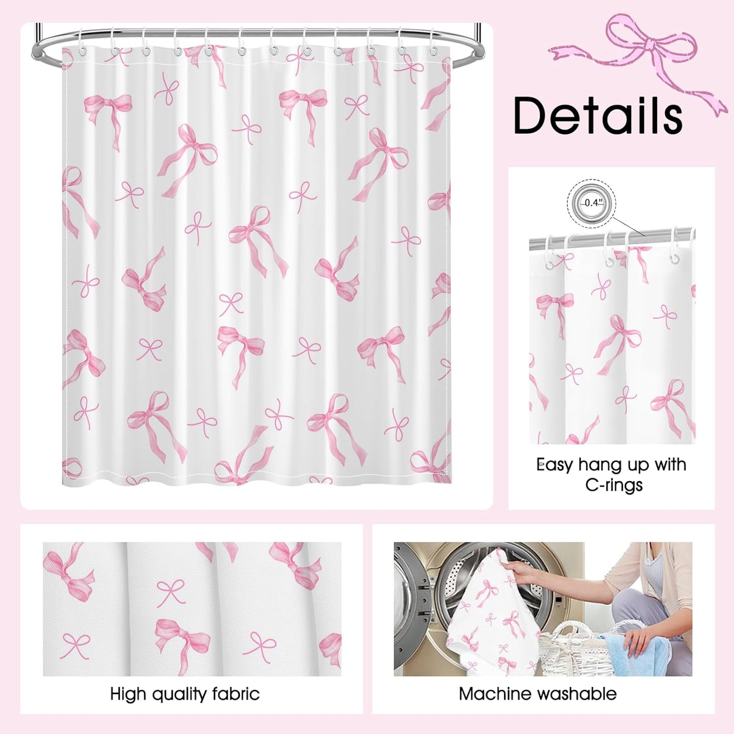 Mocsicka Pink Shower Curtain Coquette Preppy Bow Shower Curtain for Bathroom Modern Aesthetic Fabric Shower Curtain Set with Hooks 71x71 Inch (Pink, 71x71 inch)