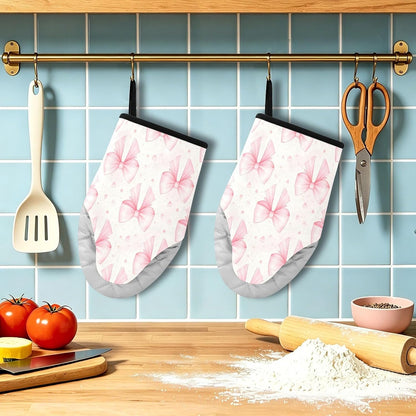 Bows Light Pink Non-Slip Oven Mitts Set Heat Resistant Kitchen Gloves with Quilted Liner Cotton Machine Washable with Hanging Loop for Baking Grilling BBQ
