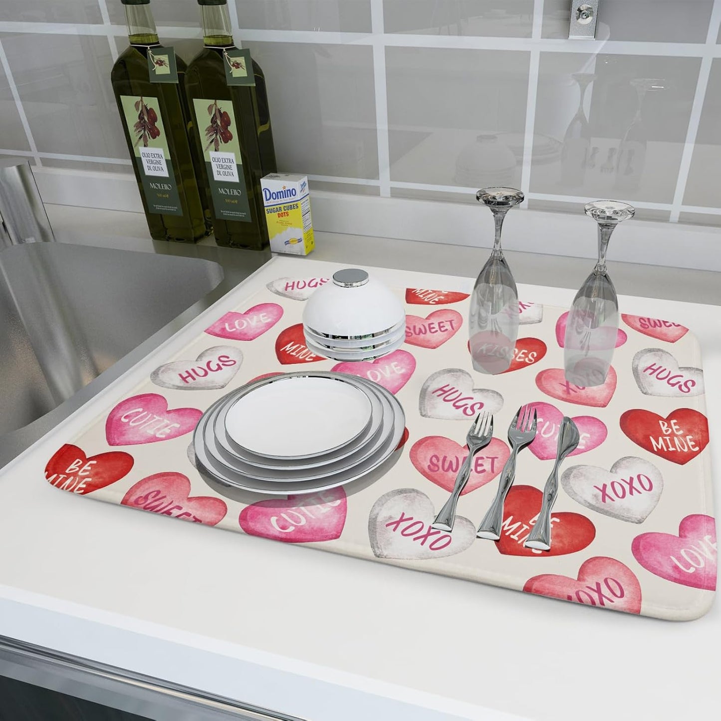 Valentines Dish Drying Mat for Kitchen Counter 18x24 Red Pink Love Heart Valentine's Day Holiday Themed Absorbent Reversible Microfiber Drying Mats Kitchen Countertop Protector Dishes Drainer Pad