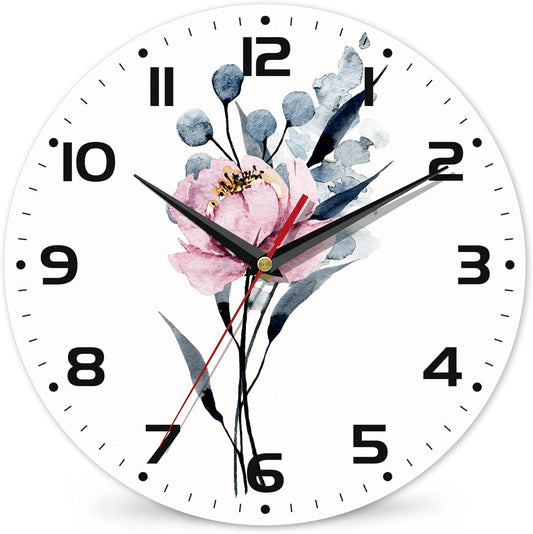 Watercolor Pink Flower Wall Clock - Vintage Wooden, Silent Non-Ticking, Battery Operated, Arabic Numerals, Decorative for Kitchen, Office, Classroom, 10 Inch