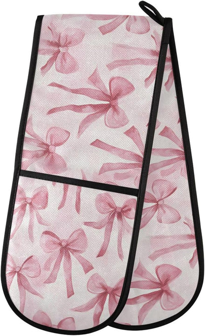 SUABO Double Oven Mitts for Handling Hot Pots 35"x7", Watercolor Pink Bow Heat Resistant Potholder for Kitchen Cooking Backing