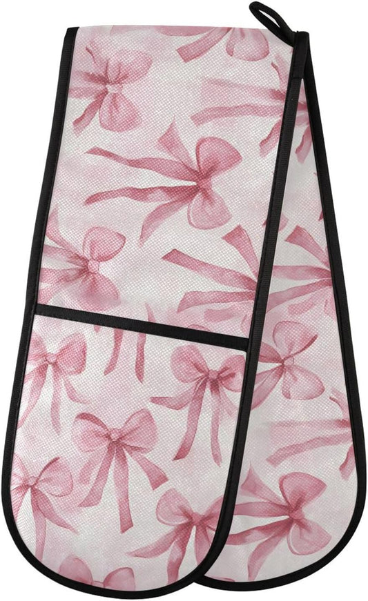 SUABO Double Oven Mitts for Handling Hot Pots 35"x7", Watercolor Pink Bow Heat Resistant Potholder for Kitchen Cooking Backing