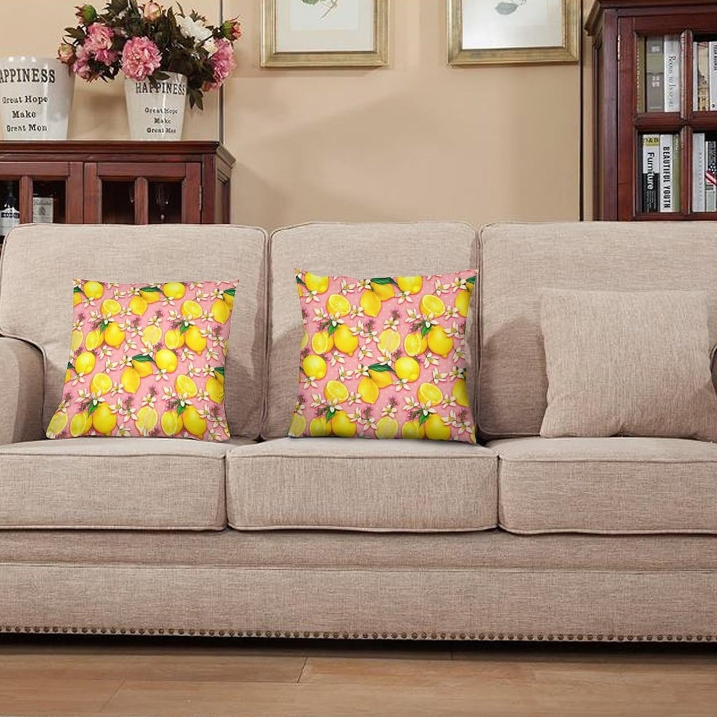 Yellow Lemon Throw Pillow Covers 16x16 Inch Set of 2, Cute Pink Fresh Fruit Summer Pillowcases Cushions for Couch Sofa Bedroom Living Room