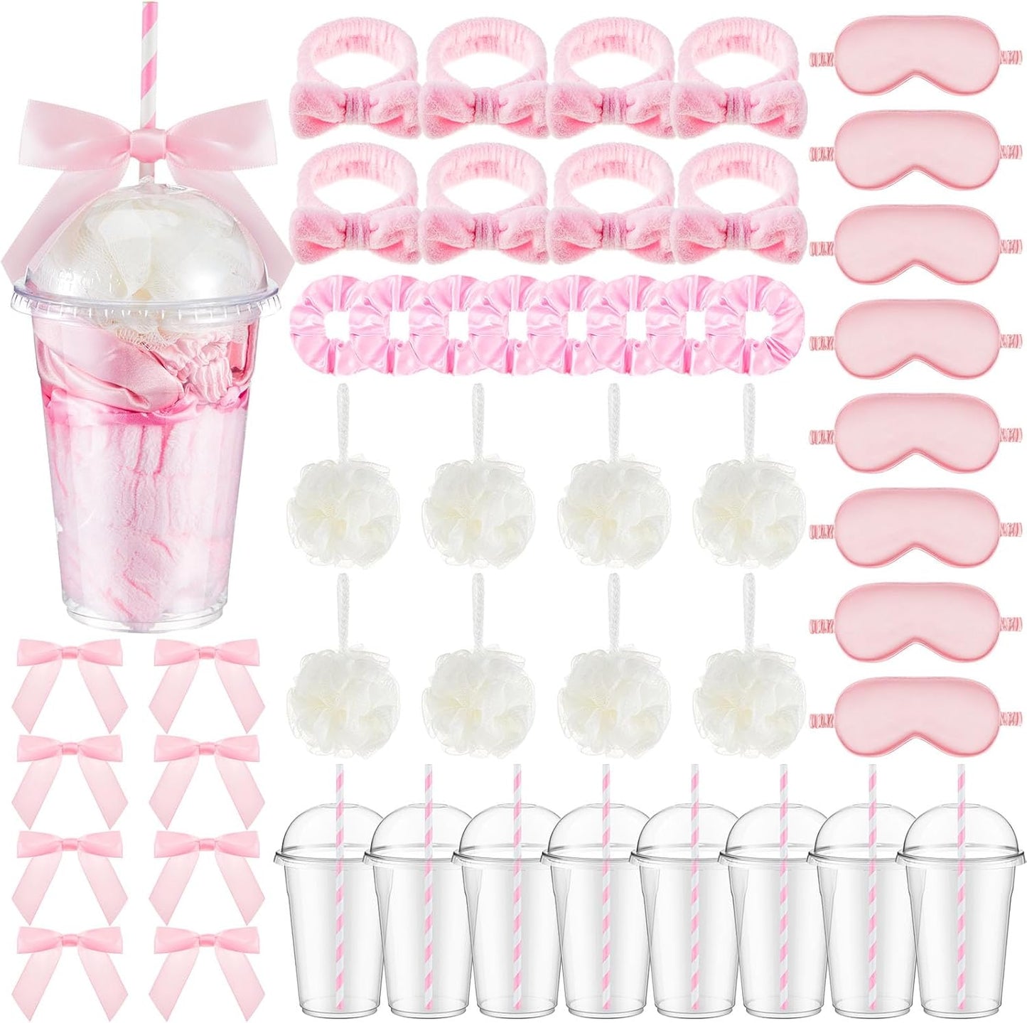 Nitial 56 Pcs Spa Sleepover Party Supplies Including Headband Sleep Eye Mask Velvet Scrunchies Bath Loofah Sponges Plastic Cup with Lids Straws for Girls' Night Birthday Party (Pink)