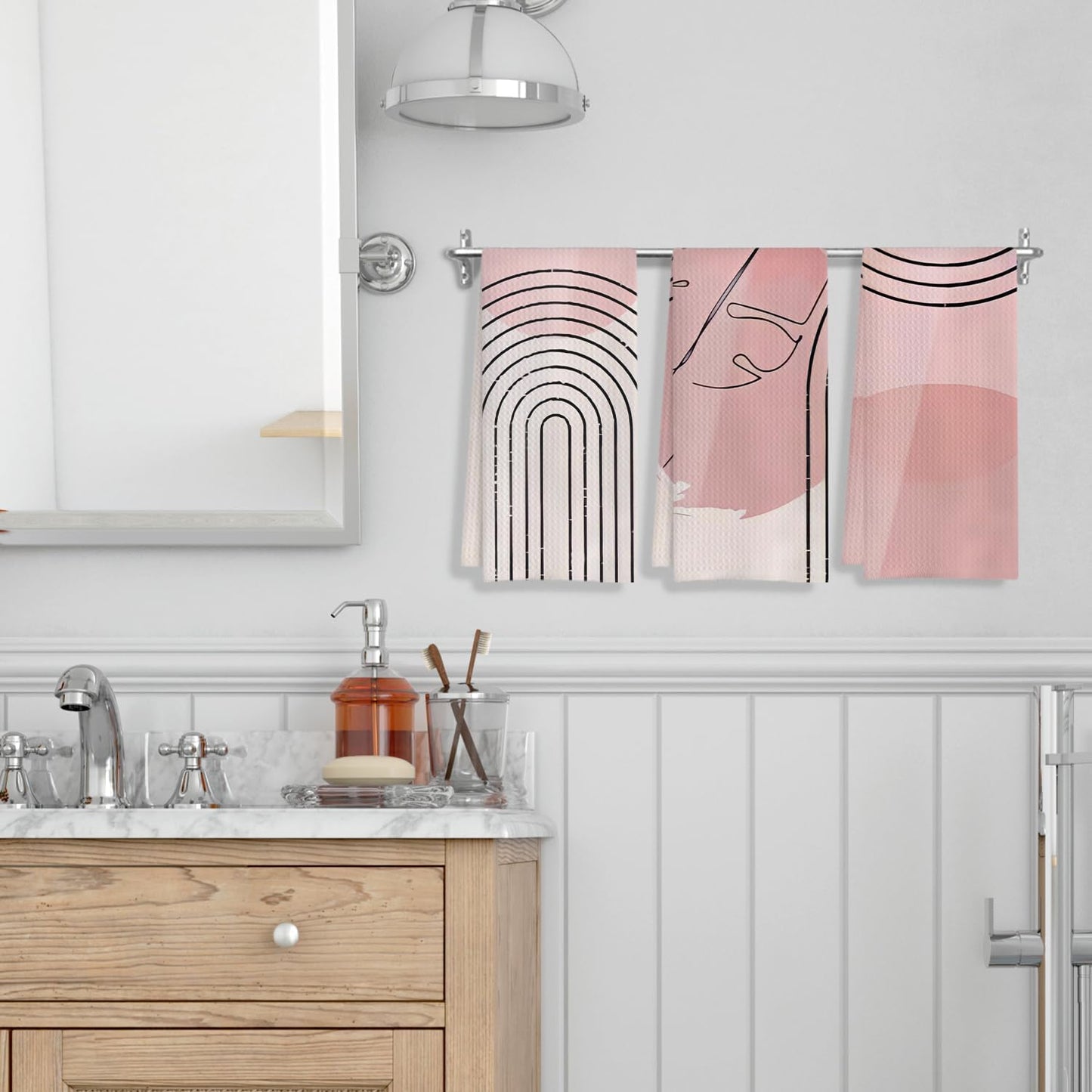 Pink Boho Kitchen Towels Set of 3 - Abstract Line Art Decorative Hand Towels for Bathroom, Mid Century Modern Dish Towels, Kitchen Decor, 16x24 Inches
