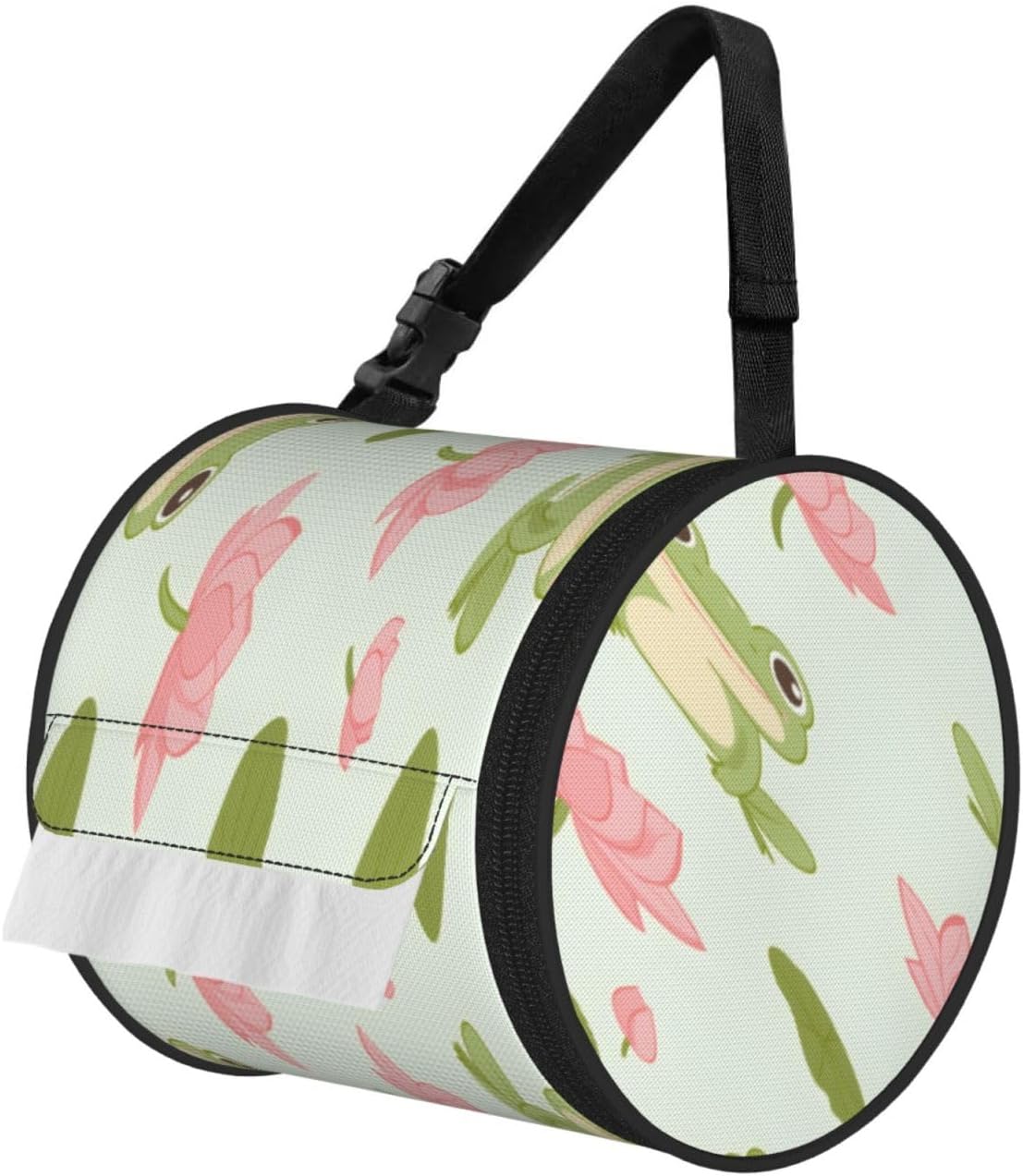 Oxford Cylinder Tissue Holder, Round Tissue Container Cute Frog Pink Lotus Flowers - 6.3''X6.3'' Portable Toilet Paper Roll Cover Tissue Box for Home Car Camping Office Travel