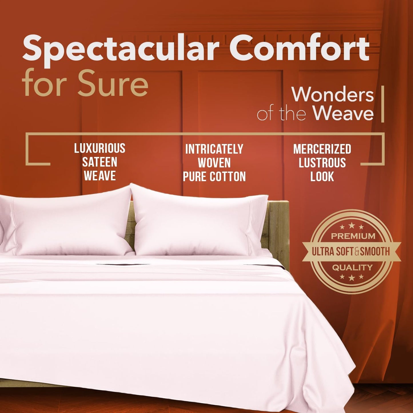 TEXAS LINEN CO. Egyptian Cotton Sheets Queen Size - 600 Series Queen Sheets Set (4 PC, Peach), 16" Deep Pocket, Soft, Cooling & Durable Sateen Weave Luxury Hotel Bedding - Texan Talkin' Collection