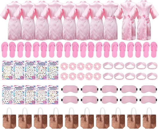 30 Pieces Favors Slumber Spa Party Birthday Girl Silky Robe with Eye Masks Bow Veil Toe Separators Colored Ribbons