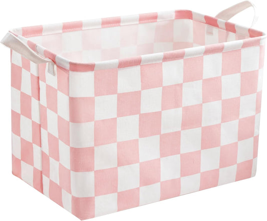 Ohocut Pink White Checkered Canvas Basket, Rectangular Organizing Decorative Storage Basket for Kids Dog Toy, Cute Aesthetic Race Cars Boy Room Decor for Home, Kitchen, Bedroom, Classroom, Shelves