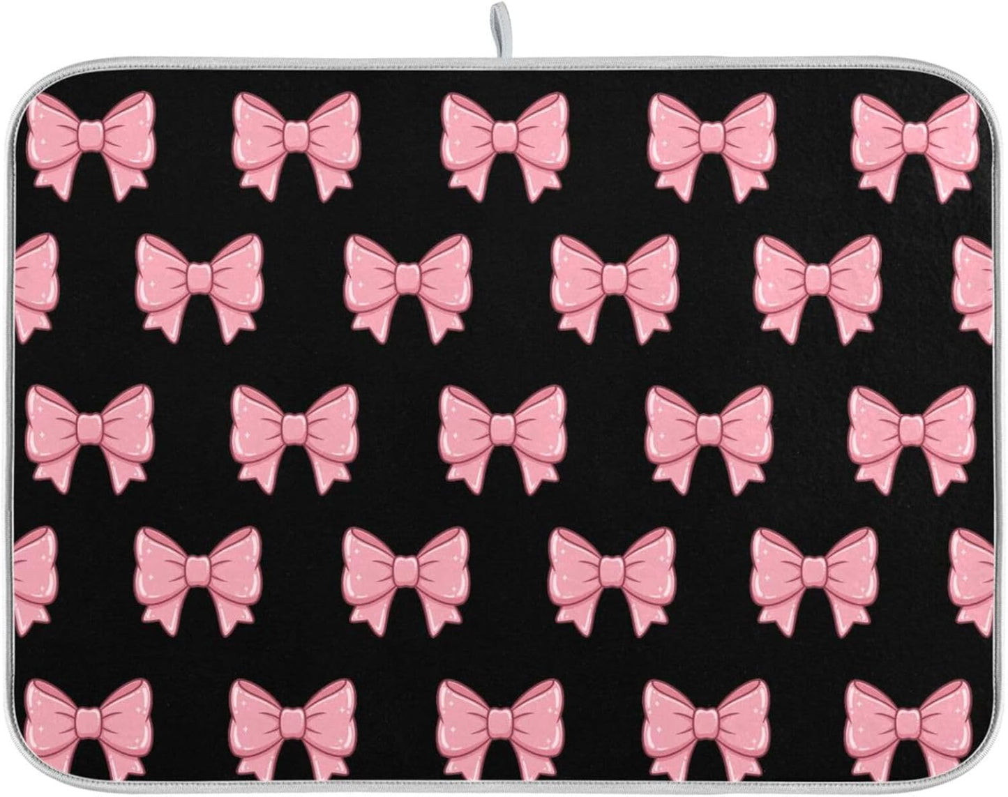 Pink Black Bows Dish Drying Mat for Kitchen Counter, Ultra Absorbent Dishes Drying Pad Heat-resistant Dish Mats 16x18in