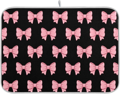 Pink Black Bows Dish Drying Mat for Kitchen Counter, Ultra Absorbent Dishes Drying Pad Heat-resistant Dish Mats 16x18in