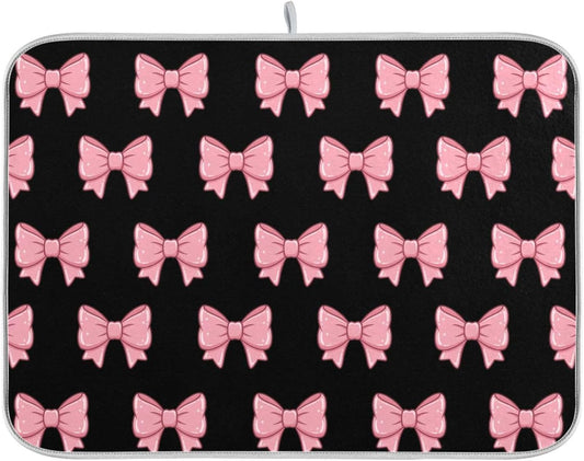 Pink Black Bows Dish Drying Mat for Kitchen Counter, Ultra Absorbent Dishes Drying Pad Heat-resistant Dish Mats 16x18in