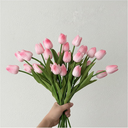 18pcs Artificial Tulips 13" PU Artificial Flowers for Family Friends Gifts DIY Flower Arrangement Home Kitchen Office Party Wedding Dining Table Decoration, Light Pink