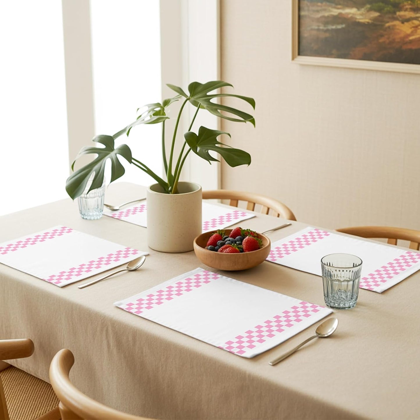 Pink Check Plaid Placemat Set of 4 Non-Slip Placemats for Dining Table Buffalo Farmhouse Style Pattern Washable Table Mats, Heat Resistant Kitchen Table Mats for Party, Dining Room & Home Decor