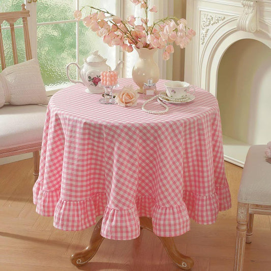 JadeRich Ruffled Gingham Tablecloth 59 Inch Round Check Plaid Striped Washed Cotton Table Cloth Table Cover Decoration for Restaurant Garden Party