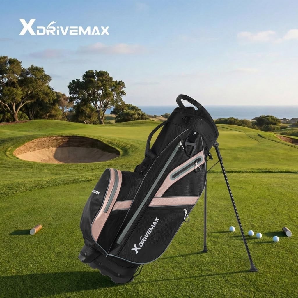 XDriveMax Golf Stand Bag, Lightweight 8-Way & 5-Way Top Dividers Golf Bag with Stand, Includes Insulated Cooler Pocket, Dual Strap & Rain Cover