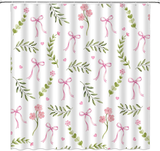 Pink Floral Bow Shower Curtain Green Watercolor Leaves Cute Bow Flowers Romantic Sweet Heart Modern Woman 70" Wx70 H Bathroom Decor Curtain with Hooks