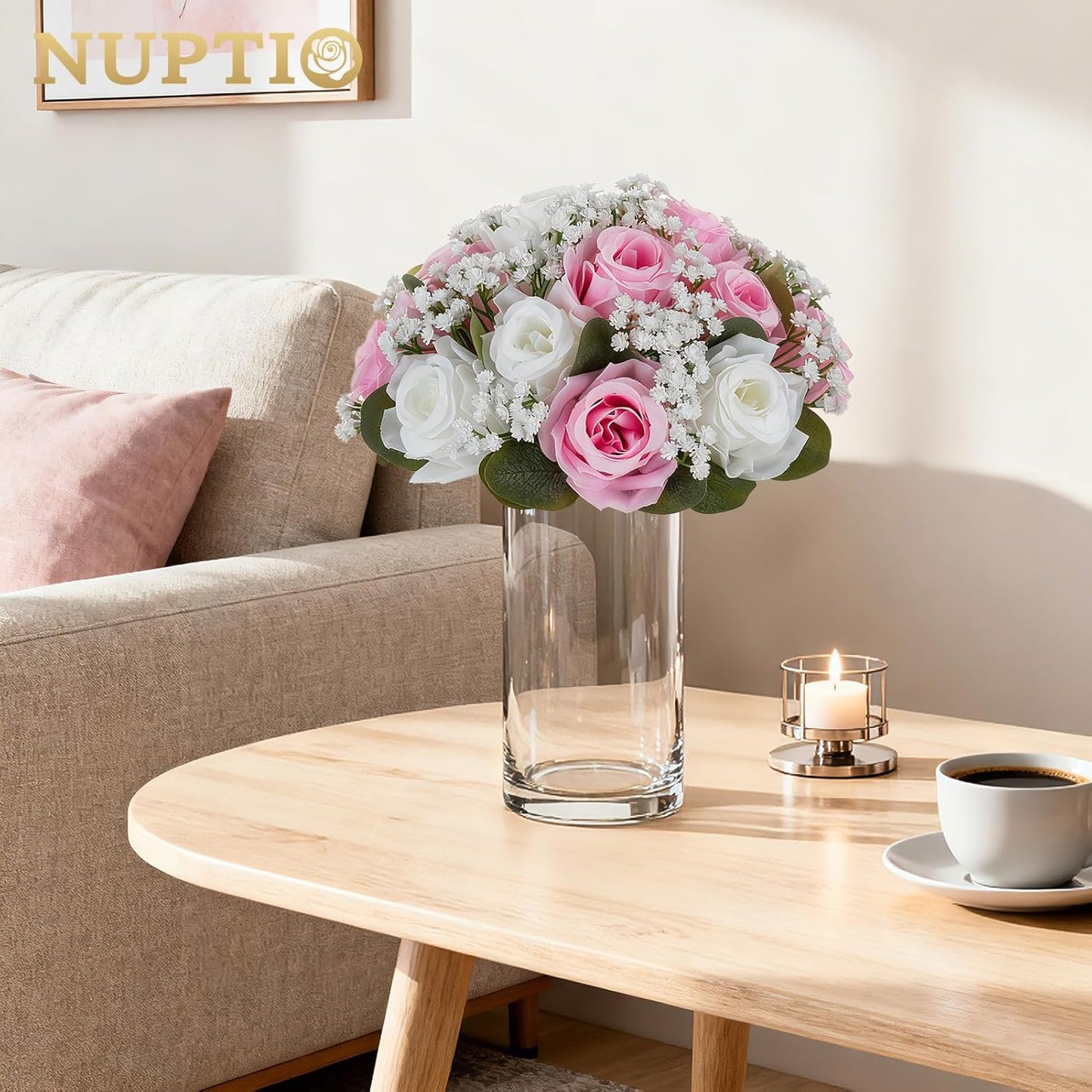 NUPTIO Baby Breath Flower Balls: 2 Pcs 8.6 inch Diameter Pink Artificial Rose Fake Arrangement Bouquet Wedding Centerpieces Event Party Tables Decorations