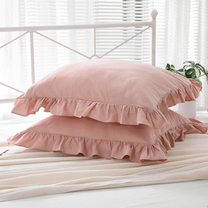 Mywinlle Ruffle Pillowcases Farmhouse Dusty Rose Throw Pillow Covers for Couch,Washed Cotton Vintage Pillow Shams for Bed, Sofa, Living Room -20"x20"