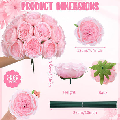 Suncalla 36 Pack Artificial Austin Rose Peonies 4.7 Inch Fake Flowers Silk Flowers Faux Peony with Stems and Leaves for Mother Day Party Wedding Centerpiece Home Table Decor(Pink)