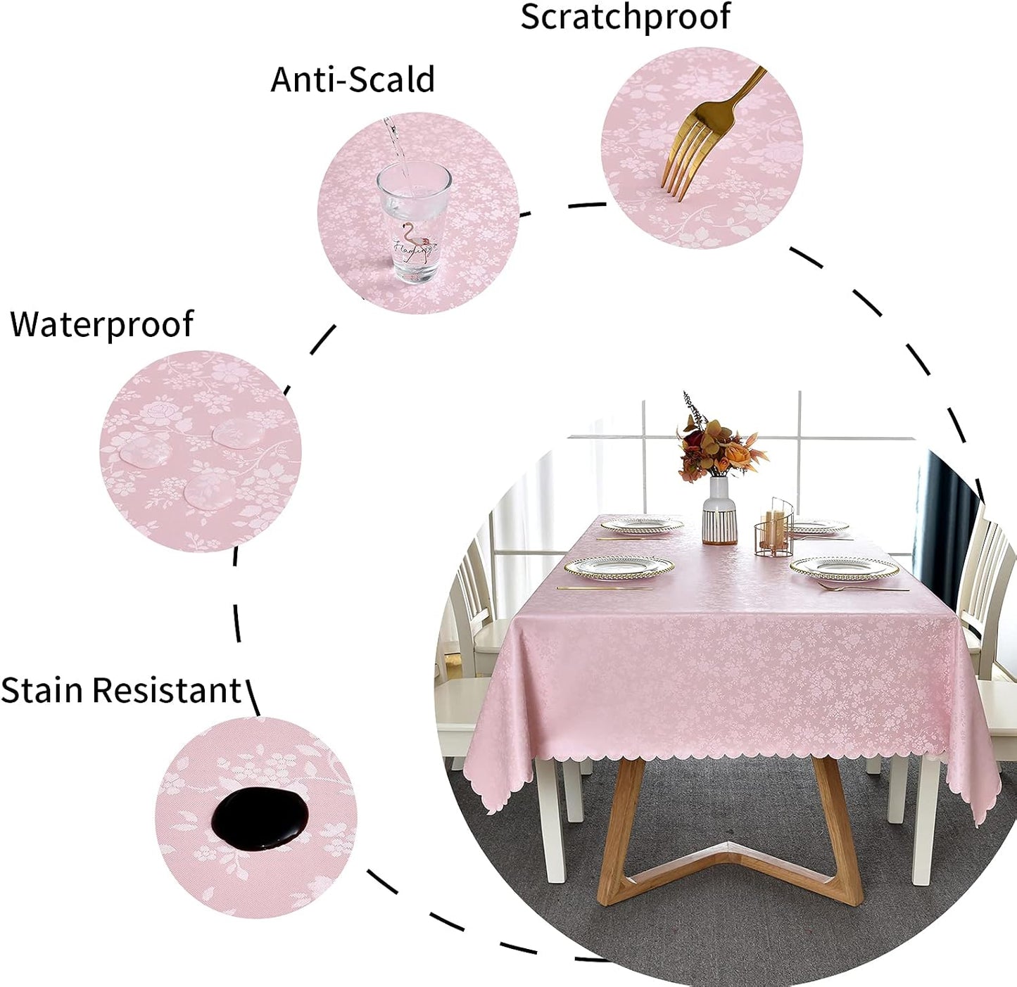 Romanstile Rectangle Vinyl Tablecloth,100% Waterproof Heavy Duty Oil Spill Proof Stain Resistant Plastic PU Table Cover with Flannel Backing for Kitchen, Dining (Rose Pink, 60 x 84)
