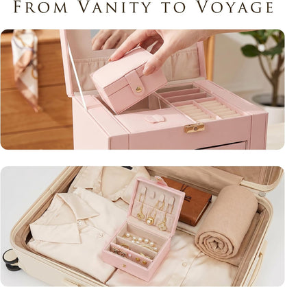 Jewelry Box with Travel Case, PU Leather 5-Layer Jewelry Organizer with Mirror & Lock, Velvet Lining Jewelry Storage for Women, Dresser Top Portable Jewelry Case, Gift for Women (Pink)