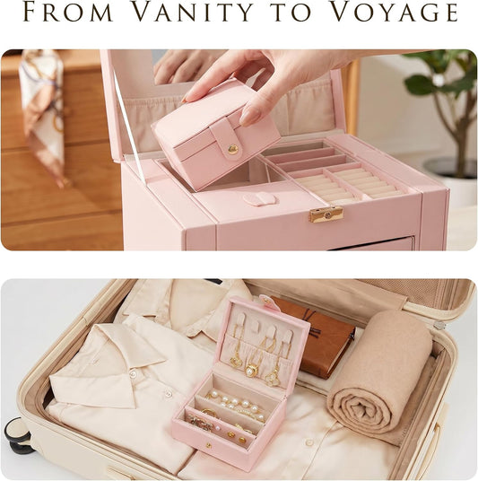 Jewelry Box with Travel Case, PU Leather 5-Layer Jewelry Organizer with Mirror & Lock, Velvet Lining Jewelry Storage for Women, Dresser Top Portable Jewelry Case, Gift for Women (Pink)