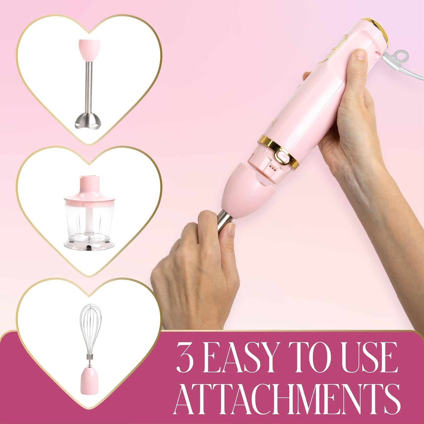 Paris Hilton Hand Blender Set, 3-in-1 Immersion Blender with Whisk, Blending & Chopper Attachments, 400W High Speed, Pink with Gold Accents, Handheld Blender for Smoothies, Soups, Sauces, Cream, Pink