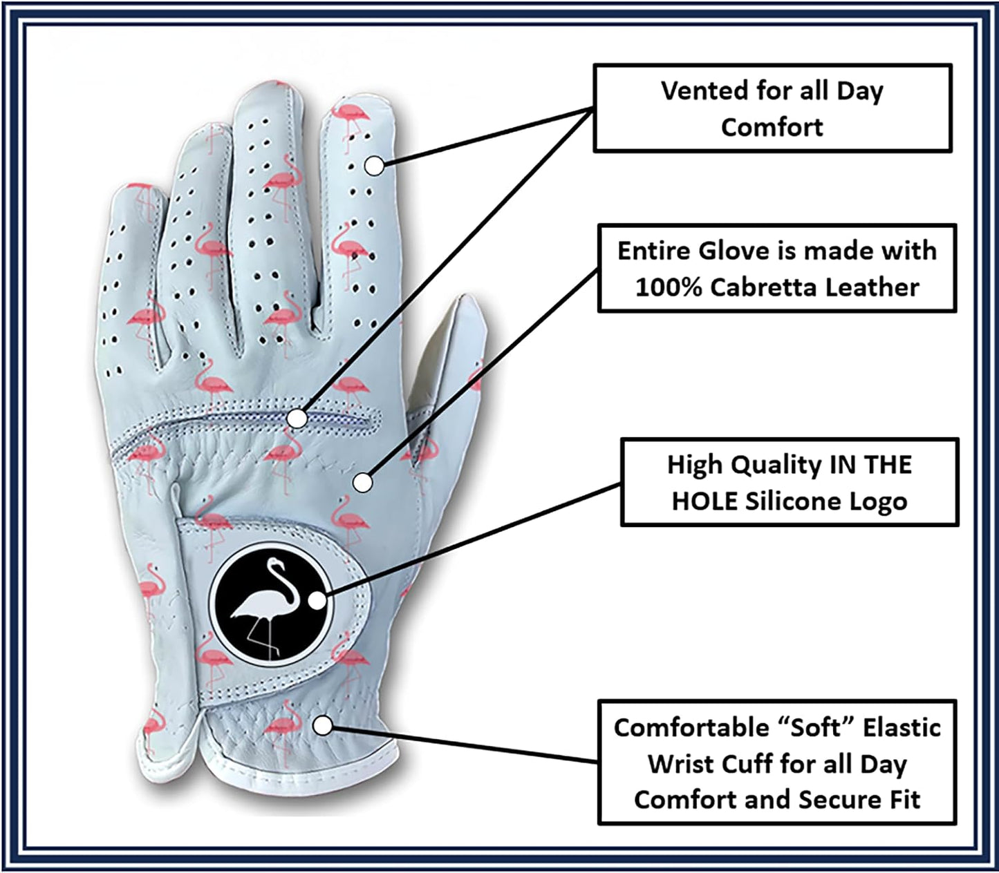 Tropical Flamingo Men's Golf Glove - 100% Cabretta Leather Left Right Hand Golfer Weather Grip Pink White Blue Adult Hawaiian Size Small Thru XXL